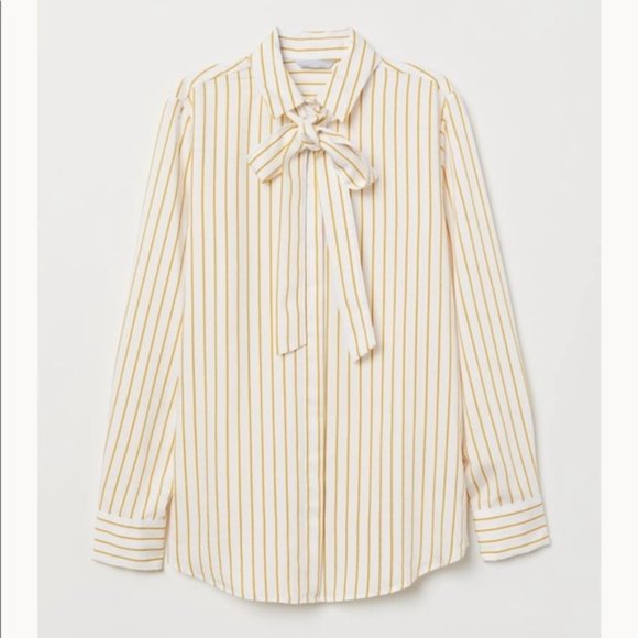H&M Yellow White Stripe Bow Tie Long Sleeve Blouse - Picture 1 of 6
